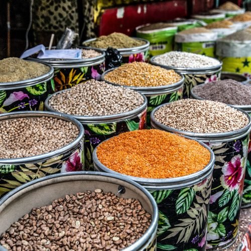 27 June 2019 Cairo, Egypt - Varieties of pulses on display at an open air market in Cairo, Egypt.